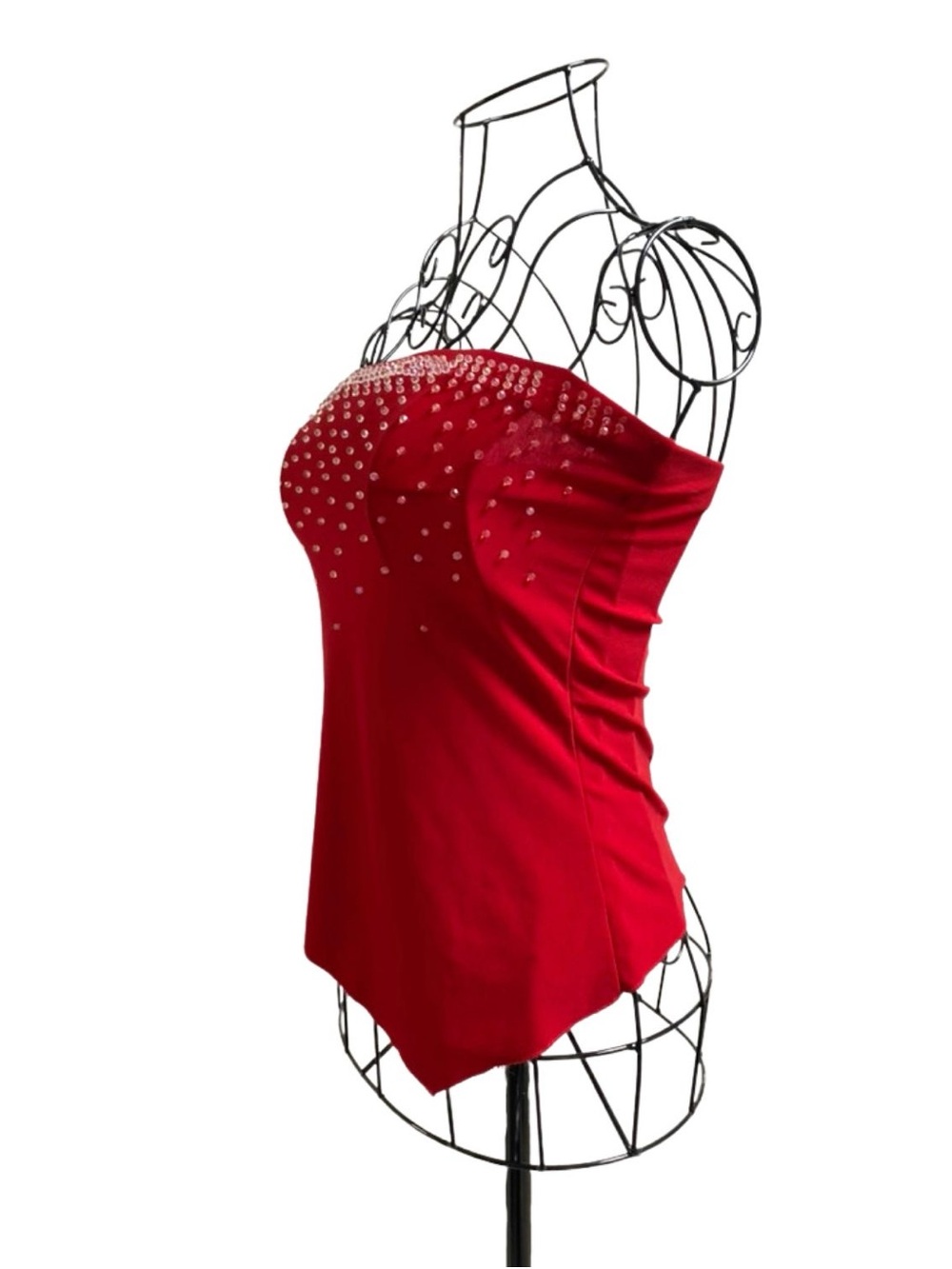 Red Y2K Vintage Asymmetrical Tube Crop Top Sparkle Bead Bodycon Medium Sexy Emo - Picture 6 of 9